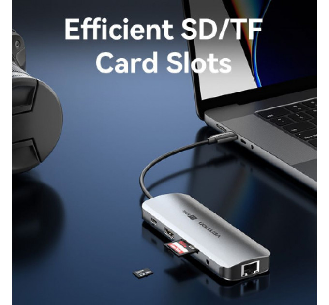 Концентратор Vention USB 3.1 Type-C to HDMI 4K60Hz/USB 3.0x2/RJ45/SD/TF/3.5mm/PD 100W Hub 9-in-1 (TQMHB)