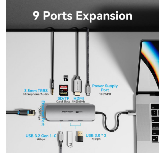 Концентратор Vention USB 3.1 Type-C to HDMI 4K60Hz/USB 3.0x2/RJ45/SD/TF/3.5mm/PD 100W Hub 9-in-1 (TQMHB)