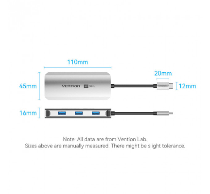 Концентратор Vention USB 3.1 Type-C to HDMI 4K60Hz/USB 3.0x3/RJ45/PD 100W 6-in-1 (TQHHB)