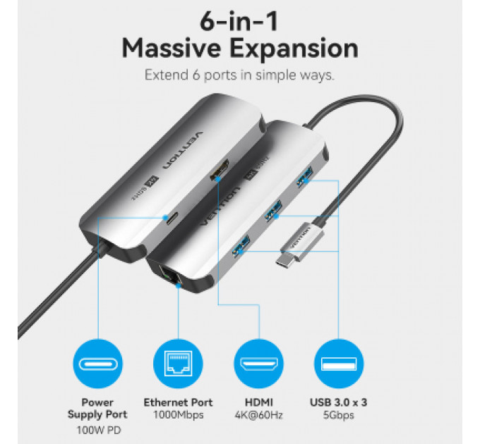 Концентратор Vention USB 3.1 Type-C to HDMI 4K60Hz/USB 3.0x3/RJ45/PD 100W 6-in-1 (TQHHB)