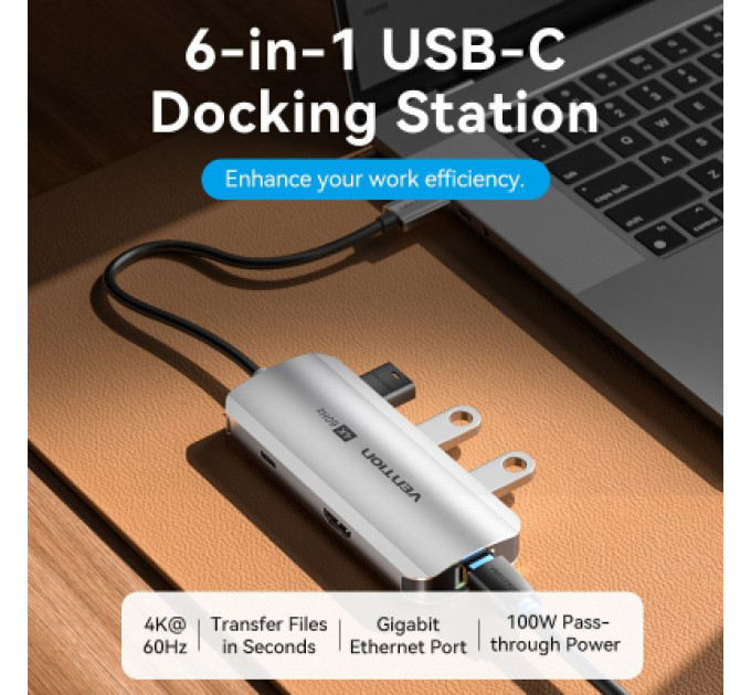 Концентратор Vention USB 3.1 Type-C to HDMI 4K60Hz/USB 3.0x3/RJ45/PD 100W 6-in-1 (TQHHB)