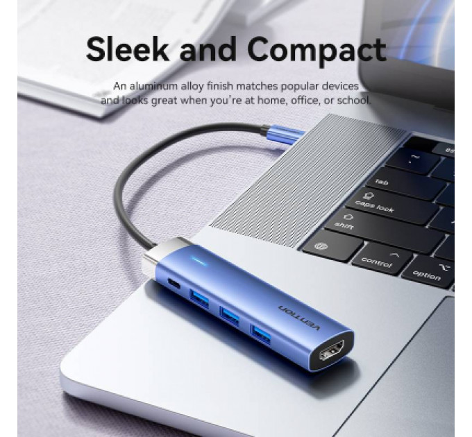 Концентратор Vention USB 3.1 Type-C to HDMI/USB 3.0x3/PD 100W Blue Aluminum Alloy Hub 5-in-1 (TGESB)