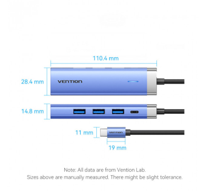 Концентратор Vention USB 3.1 Type-C to HDMI/USB 3.0x3/PD 100W Blue Aluminum Alloy Hub 5-in-1 (TGESB)
