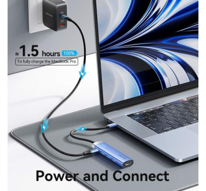 Концентратор Vention USB 3.1 Type-C to HDMI/USB 3.0x3/PD 100W Blue Aluminum Alloy Hub 5-in-1 (TGESB)