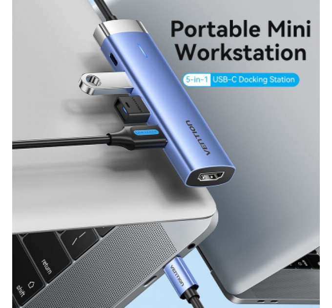 Концентратор Vention USB 3.1 Type-C to HDMI/USB 3.0x3/PD 100W Blue Aluminum Alloy Hub 5-in-1 (TGESB)