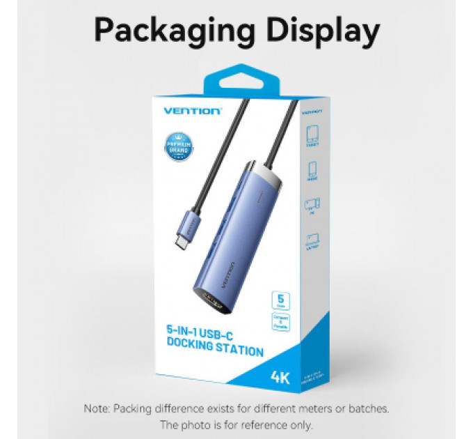 Концентратор Vention USB 3.1 Type-C to HDMI/USB 3.0x3/PD 100W Blue Aluminum Alloy Hub 5-in-1 (TGESB)