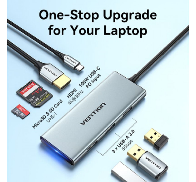 Концентратор Vention USB 3.1 Type-C to HDMI/USB 3.0x3/SD/TF/PD 100W 7-in-1 (TOPHB)