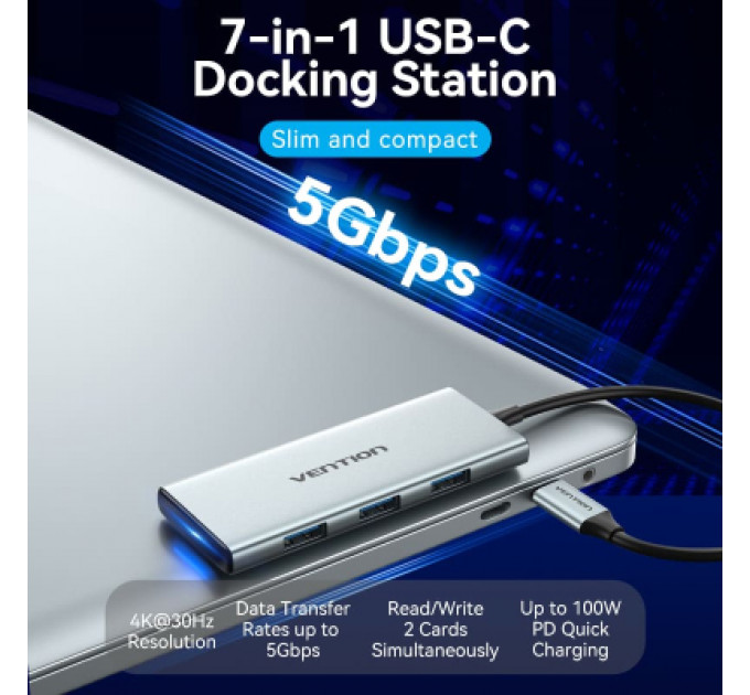 Концентратор Vention USB 3.1 Type-C to HDMI/USB 3.0x3/SD/TF/PD 100W 7-in-1 (TOPHB)