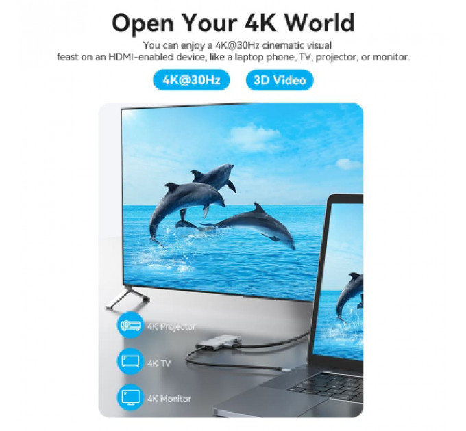Концентратор Vention USB 3.1 Type-C to HDMI/USB 3.0x3/SD/TF/PD 100W 7-in-1 (TOPHB)