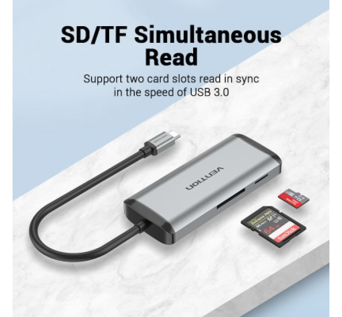 Концентратор Vention USB 3.1 Type-C to 3хUSB 3.0/TF/SD/PD 87W 6-in-1 (TGRHB)
