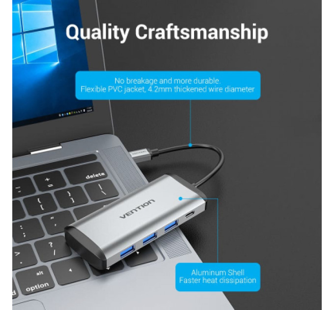 Концентратор Vention USB 3.1 Type-C to 3хUSB 3.0/TF/SD/PD 87W 6-in-1 (TGRHB)