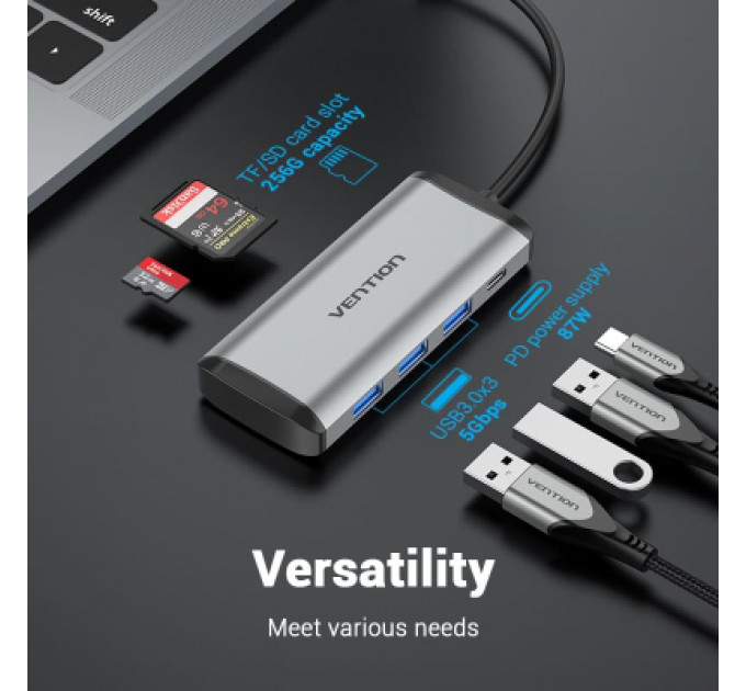 Концентратор Vention USB 3.1 Type-C to 3хUSB 3.0/TF/SD/PD 87W 6-in-1 (TGRHB)