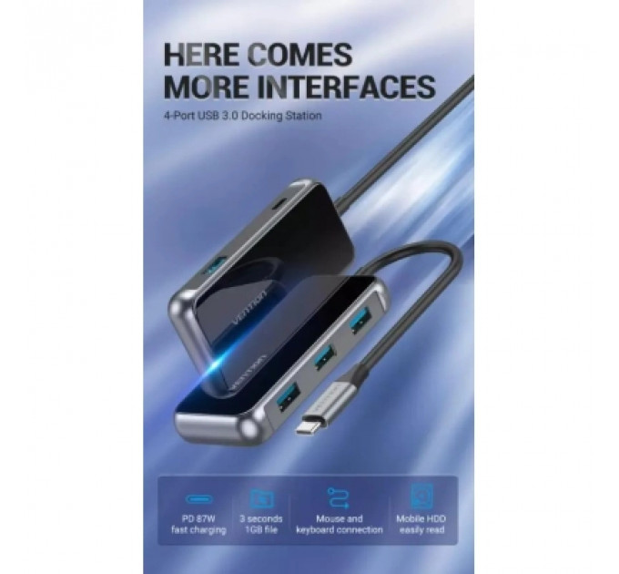 Концентратор Vention USB 3.1 Type-C to 4хUSB 3.0/PD 87W 5-in-1 Gray Mirrored Surface (TFDHB)