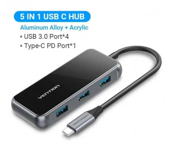 Концентратор Vention USB 3.1 Type-C to 4хUSB 3.0/PD 87W 5-in-1 Gray Mirrored Surface (TFDHB)