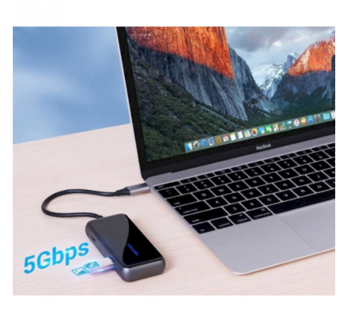 Концентратор Vention USB 3.1 Type-C to 4хUSB 3.0/PD 87W 5-in-1 Gray Mirrored Surface (TFDHB)