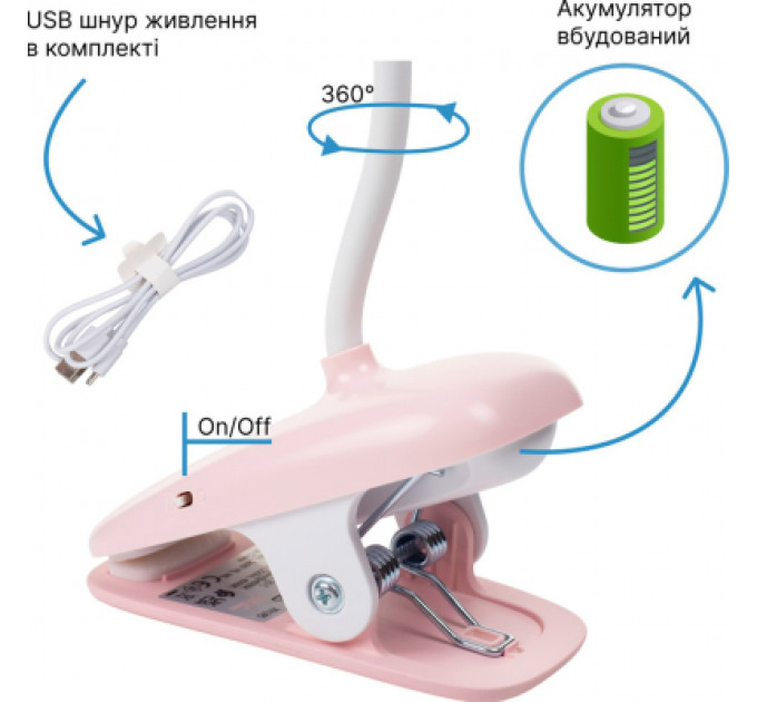 Настільна лампа Philips Donutclip 3Вт 4000K 1200мАг USB-A рожевий (929003179607)