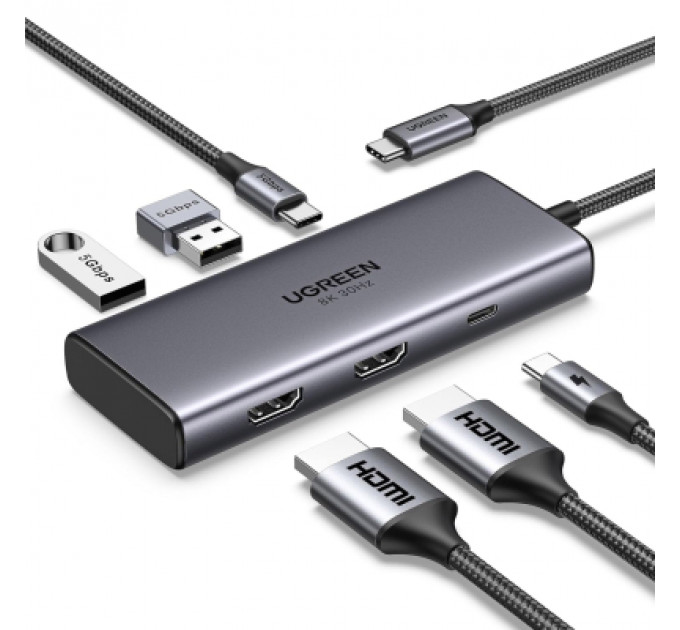 Концентратор Ugreen USB3.1 Type-C to HDMIx2 4K60Hz (8k30Hz)/USB3.0x2/Type-C/PD 100W CM498 (15852)
