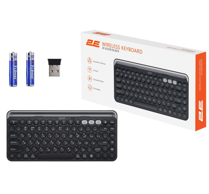 2E Клавіатура 2E KS250 Wireless USB/Bluetooth UA Black (2E-KS250WBK_UA)