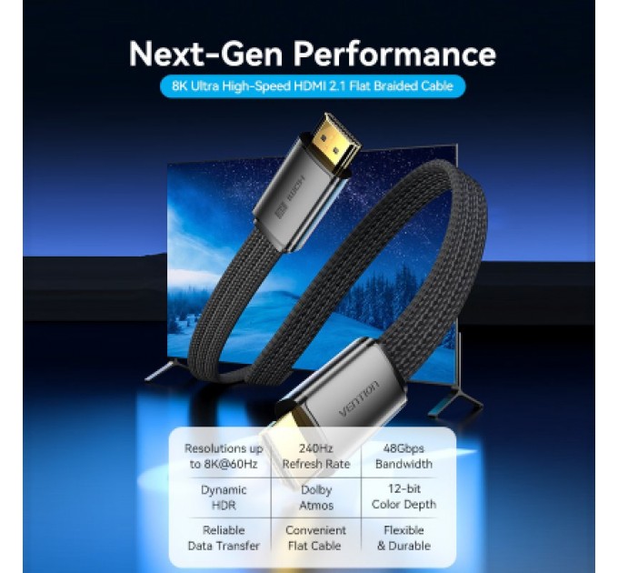 Кабель мультимедійний HDMI to HDMI 2.0m V2.1 8K 60Hz flat Vention (ALKBH)