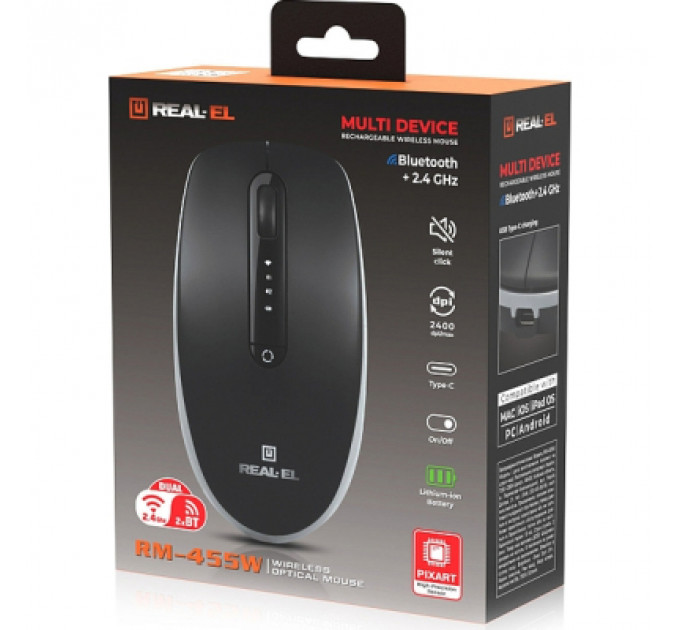 Мишка REAL-EL RM-455W Wireless/Bluetooth Black/Gray (EL123200047)