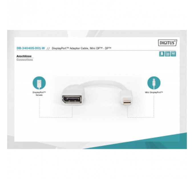 Перехідник mini DP to DP, M/F, 0.15m, white Digitus (DB-340405-001-W)