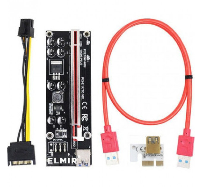 Райзер Dynamode PCI-E x1 to 16x 60cm USB 3.0 Red Cable SATA to 6Pin Power v. (RX-riser 009S Plus)