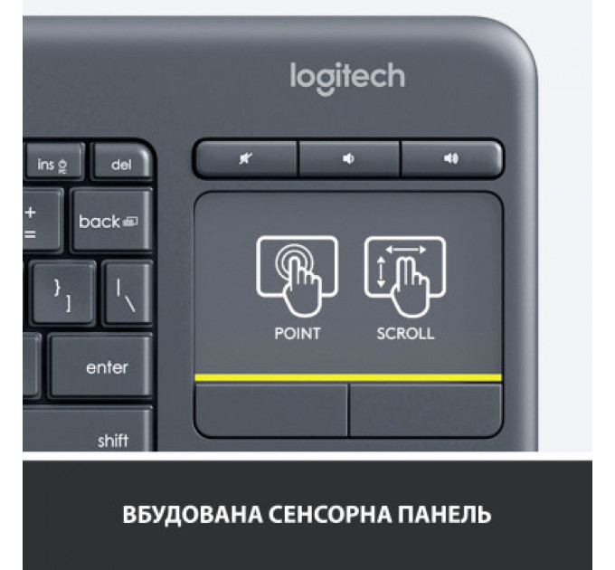 Клавіатура Logitech K400 Plus Touch Wireless UA Black (920-007145)