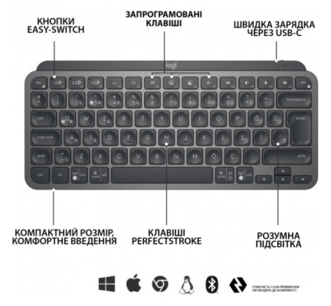 Клавіатура Logitech MX Keys Mini Wireless Illuminated UA Graphite (920-010498)