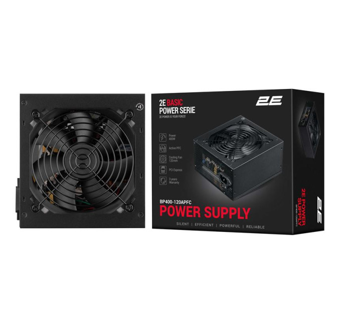 2E Блок живлення 2E BASIC POWER (400W), 80, 120mm, 1xMB 24pin(20+4), 1xCPU 8pin(4+4), 3xMolex, 4xSATA, 1xPCIe 8pin( (2E-BP400-120APFC)