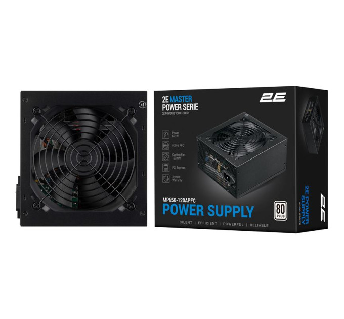 2E Блок живлення 2E MASTER POWER (650W), >80, 80+ White, 120mm, 1xMB 24pin(20+4), 1xCPU 8pin(4+4), 3xMolex, 5xSATA, (2E-MP650-120APFC)
