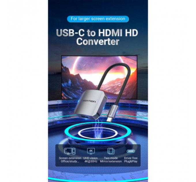 Перехідник USB3.1 Type-C to HDMI (F) 4K 30HZ 0.15m Vention (TDEHB)