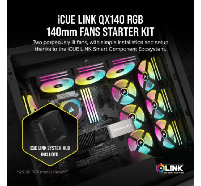 Corsair Кулер до корпусу Corsair iCUE Link QX140 RGB PWM PC Fans Starter Kit with iCUE LINK System Hub (CO-9051004-WW)