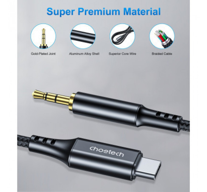 Перехідник USB-C to jack 3.5mm stereo audio (CDLA) 2.0m Choetech (AUX008-BK)