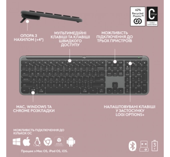Клавіатура Logitech K950 Bluetooth/Wireless UA Graphite (920-012465)