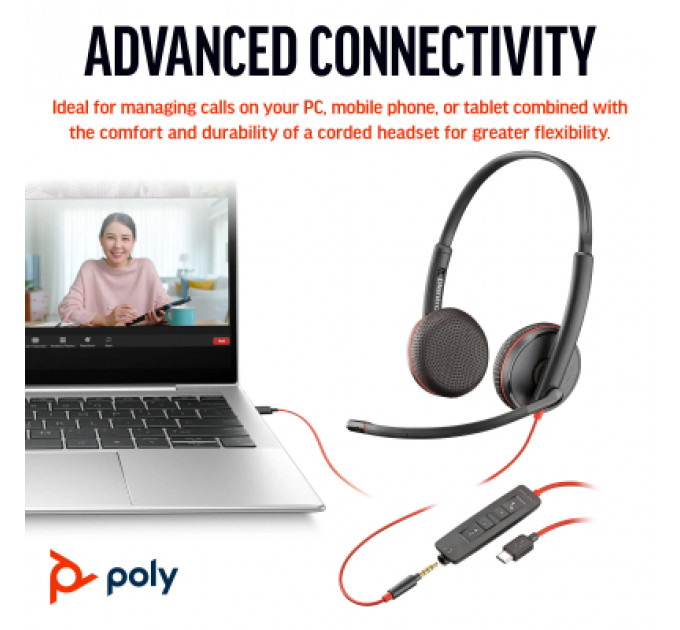 Навушники Poly BlackWire C3225 USB-C HS Stereo +3.5mm Plug +USB-C/A Adapter (Bulk) Black (8X229A6)