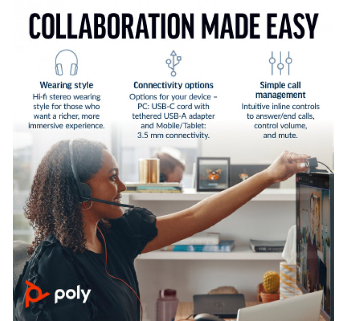 Навушники Poly BlackWire C3225 USB-C HS Stereo +3.5mm Plug +USB-C/A Adapter (Bulk) Black (8X229A6)
