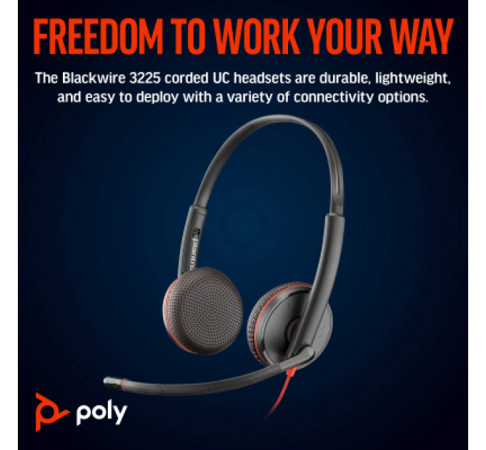Навушники Poly BlackWire C3225 USB-C HS Stereo +3.5mm Plug +USB-C/A Adapter (Bulk) Black (8X229A6)