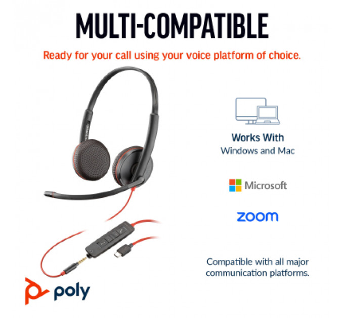 Навушники Poly BlackWire C3225 USB-C HS Stereo +3.5mm Plug +USB-C/A Adapter (Bulk) Black (8X229A6)