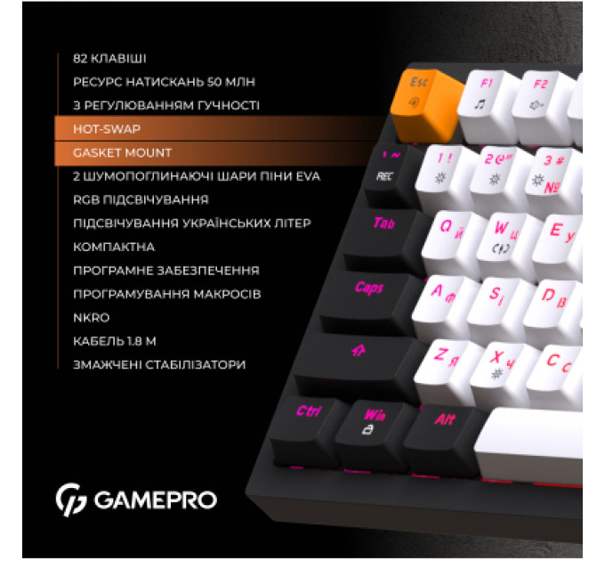 Клавіатура GamePro MK160B Hot-Swap Red Swich RGB USB UA Black (MK160B)