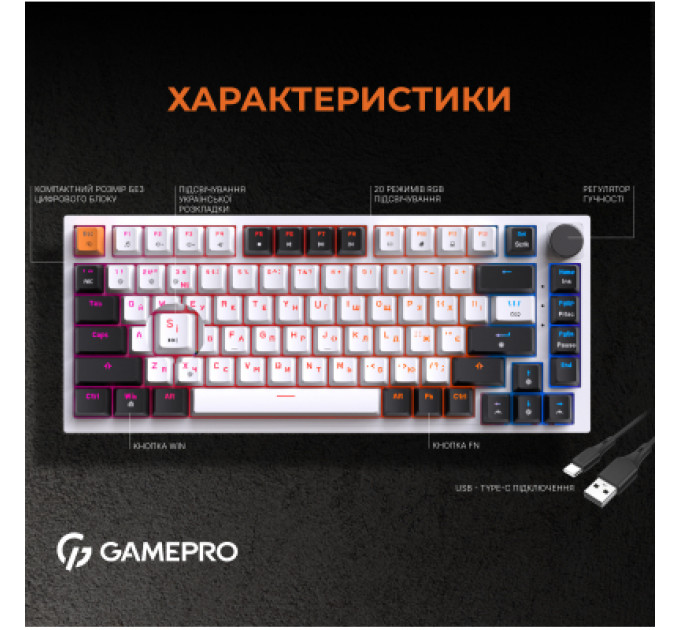 Клавіатура GamePro MK160W Hot-Swap Red Swich RGB USB UA White (MK160W)