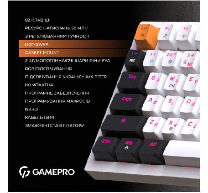 Клавіатура GamePro MK160W Hot-Swap Red Swich RGB USB UA White (MK160W)