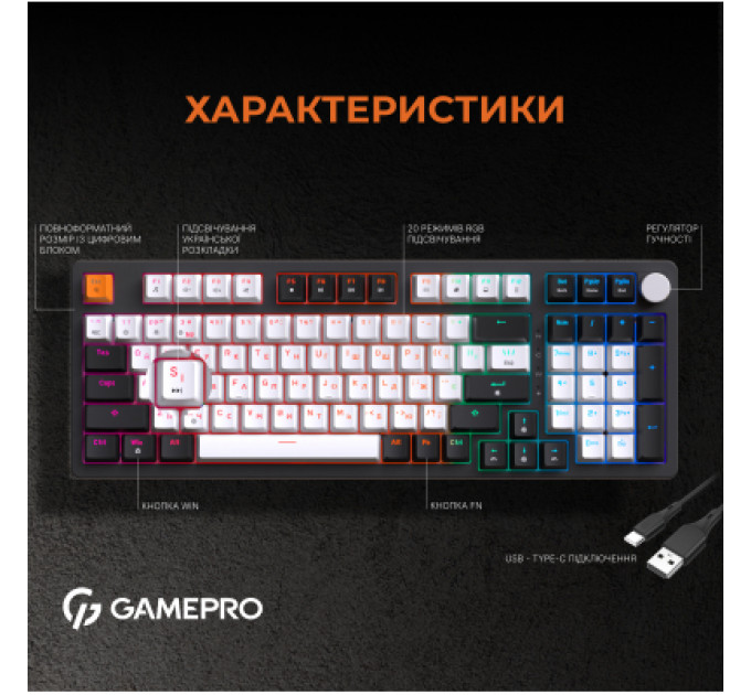 Клавіатура GamePro MK170B Hot-Swap Red Swich RGB USB UA Black (MK170B)