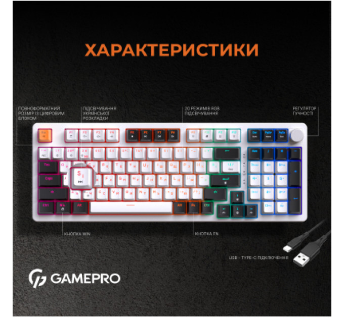 Клавіатура GamePro MK170W Hot-Swap Red Swich RGB USB UA White (MK170W)