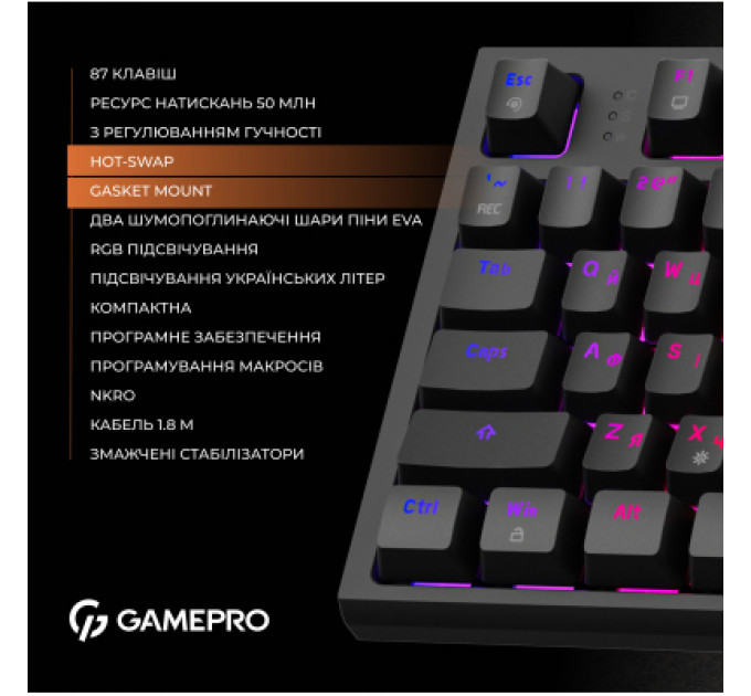 Клавіатура GamePro MK180B Hot-Swap Red Swich RGB USB UA Black (MK180B)