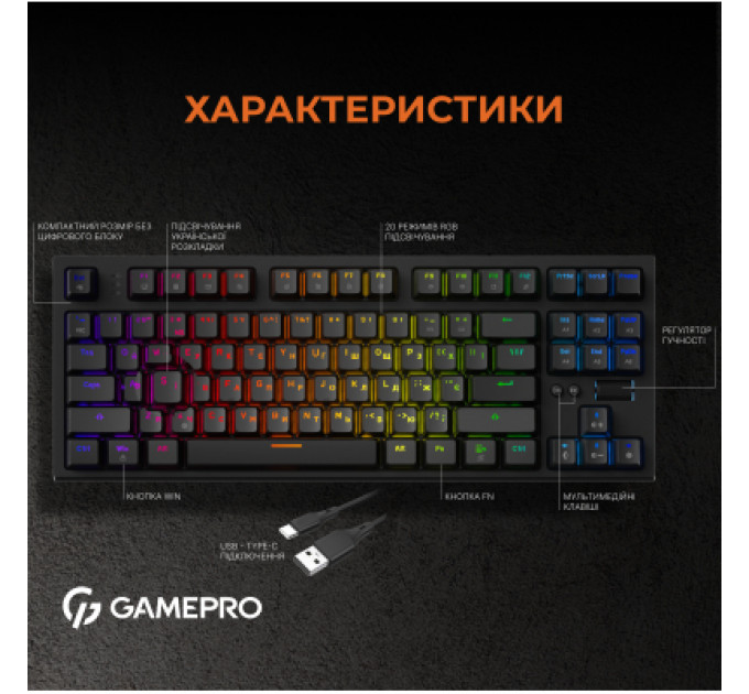 Клавіатура GamePro MK180B Hot-Swap Red Swich RGB USB UA Black (MK180B)