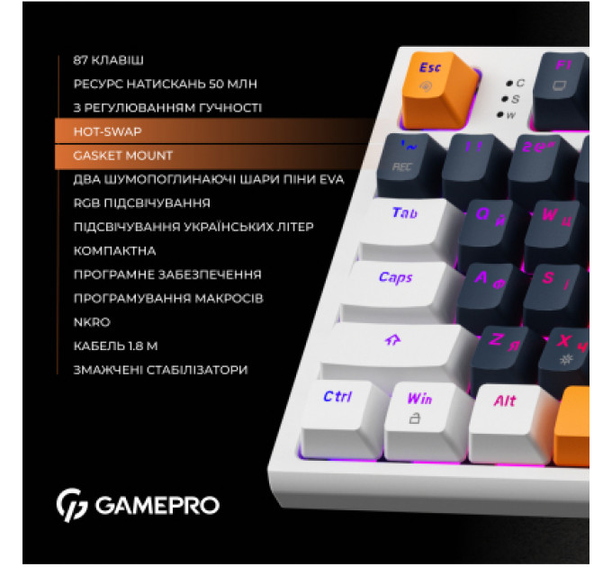 Клавіатура GamePro MK180W Hot-Swap Red Swich RGB USB UA White (MK180W)