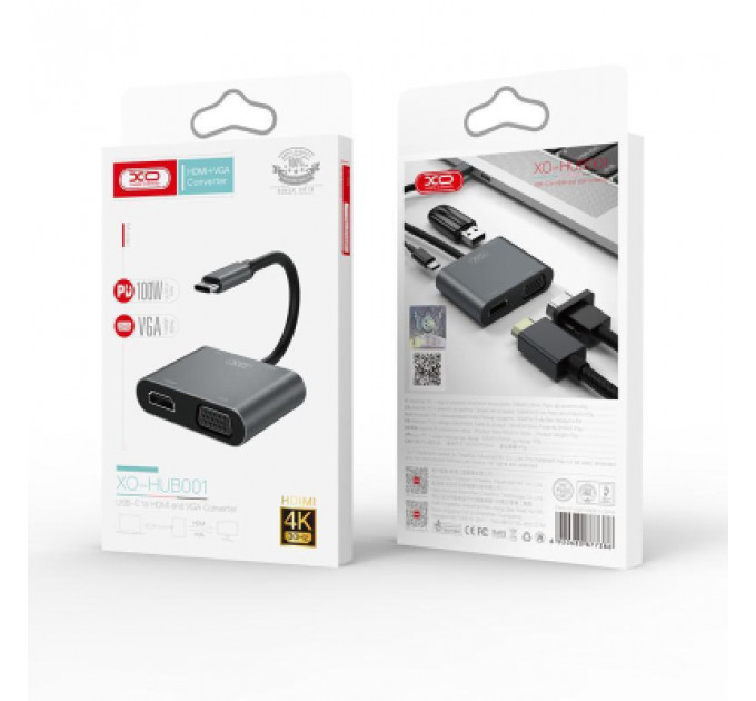 Перехідник XO 4-in-1 Dock USB-C (HDMI/VGA/USB3.0/USB-C PD) (XO-HUB001SL)
