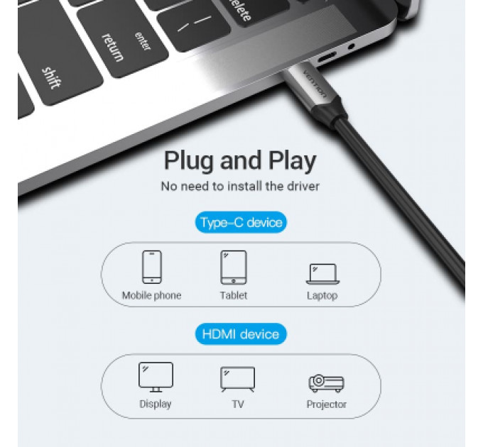 Кабель мультимедійний USB-C 3.1 to HDMI 1.5m v.2.0 4K 60Hz USB Power Supply black Vention (CGTBG)