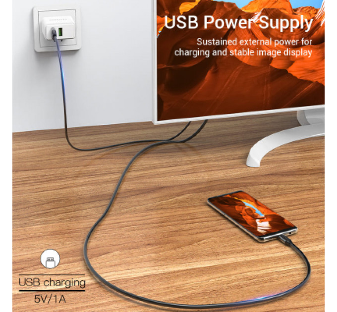Кабель мультимедійний USB-C 3.1 to HDMI 1.5m v.2.0 4K 60Hz USB Power Supply black Vention (CGTBG)