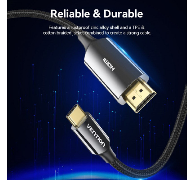 Кабель мультимедійний USB-C 3.1 to HDMI 1.8m 8K 60 Гц Zinc Alloy TPE Black Vention (CRCBAC)